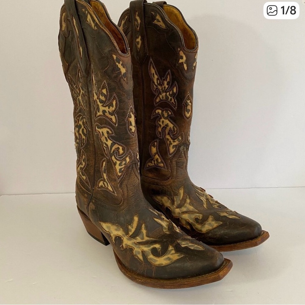 Johnny Ringo Brown Leather Pull On Cowboy Boots Leopard Print Womens 8